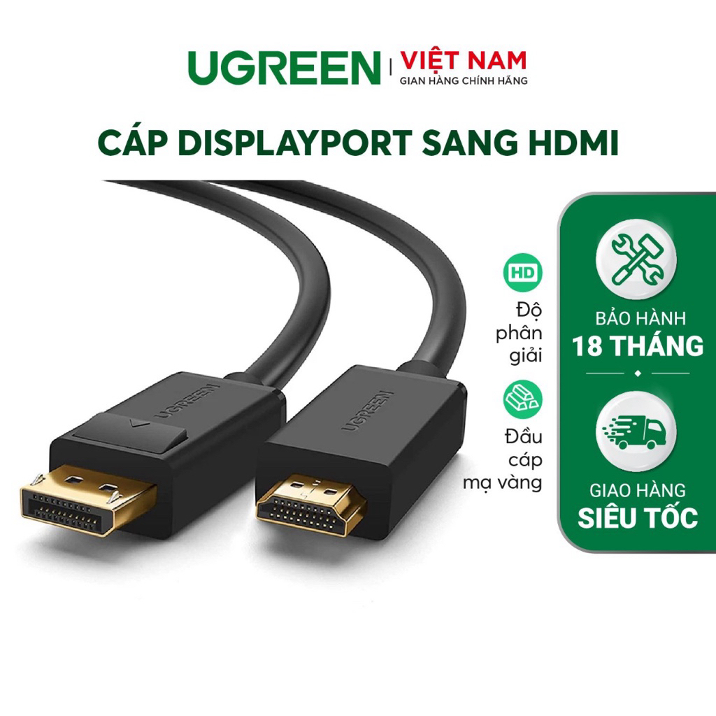 Cáp chuyển đổi DisplayPort sang HDMI UGREEN DP101 – hỗ trợ 1080p, 1,5m