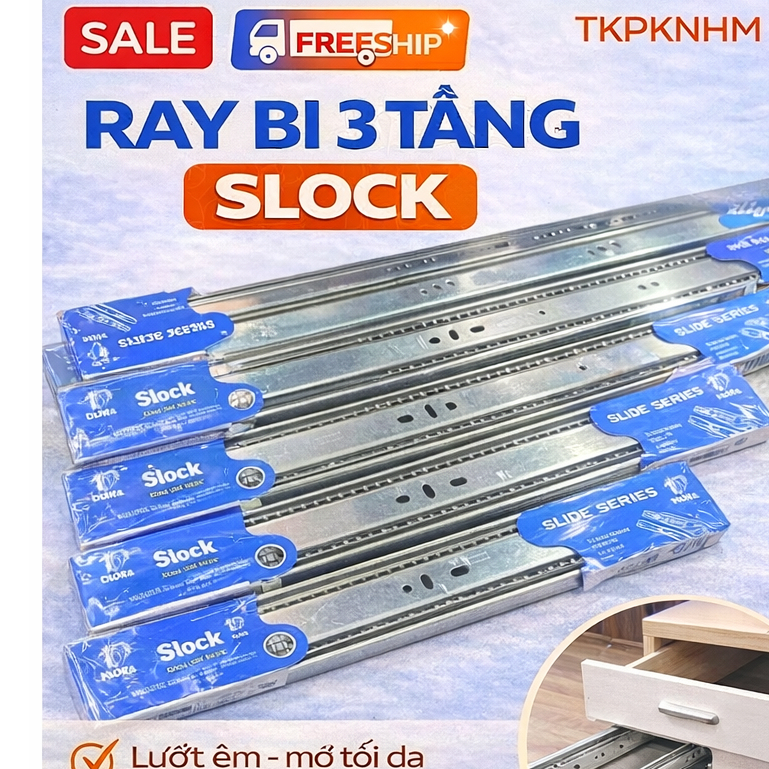 Ray Bi 3 Tầng SLOCK – Ray Trượt Ngăn Kéo Tủ Đủ Size, Trượt Êm