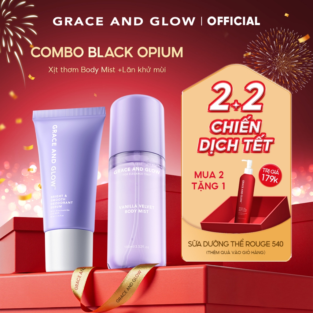 [MUA 2 TẶNG 1] Công thức khử mùi kép Body Mist & lăn khử mùi Grace And Glow Black Opium lưu hương lâ