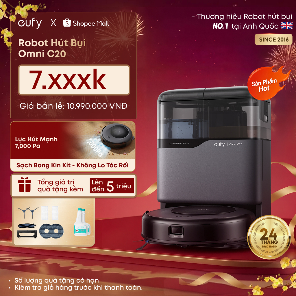 【Bán chạy nhất】Robot hút bụi eufy Omni C20, lực hút mạnh 7000Pa, thân máy siêu mỏng 3.35 inch, tự đổ