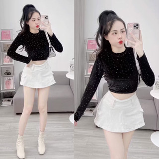 Áo nữ Croptop Nhung mịn đính đá sang chảnh kiểu dáng Hàn Quốc A196