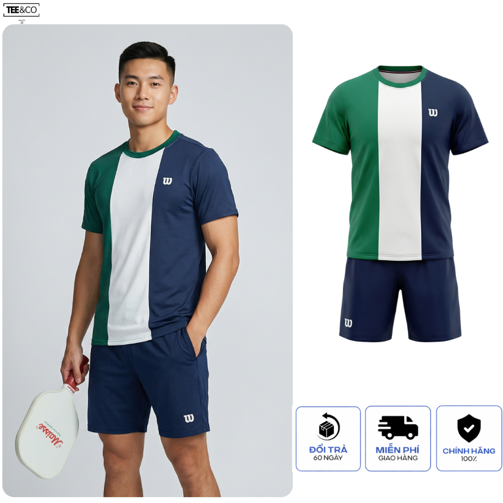 (Tặng Quà) Set Pickleball  WILSON ROY Thể Thao Polyester Nam Cao Cấp | Áo Thun Wilson Color Block + 