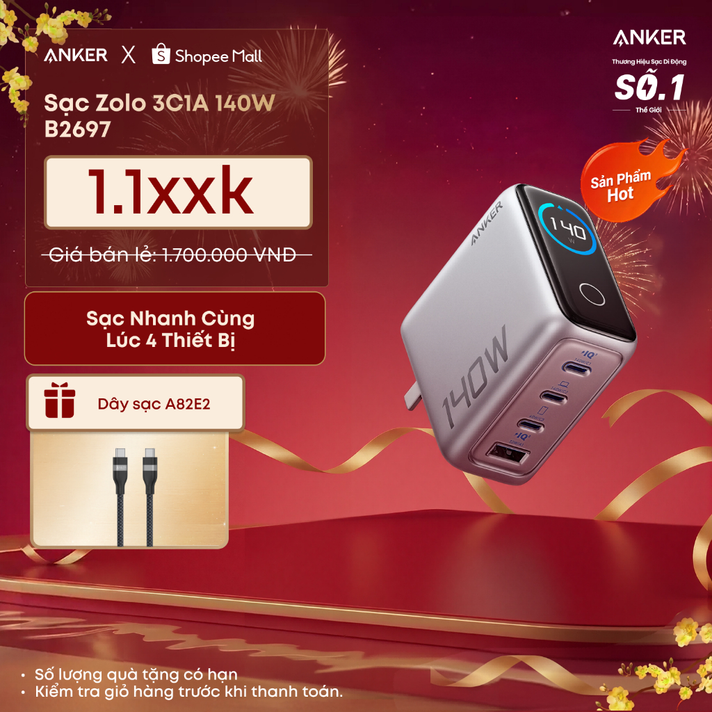 Bộ sạc nhanh Anker ZoLo 140W (4 cổng, GaN) sạc được cho laptop- 3 USB-C PD & 1 USB-A sạc 4 thiết bị 