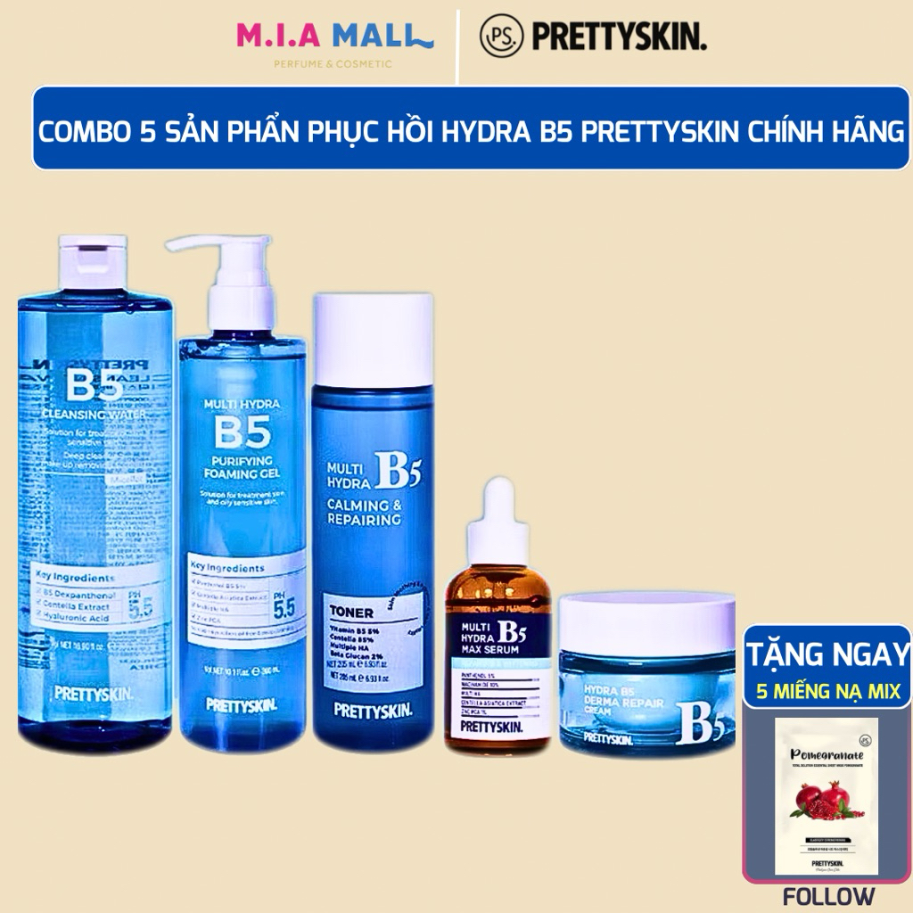 Combo 5 Sản Phẩm B5 Prettyskin Phục Hồi Da Chính Hãng Gồm Tẩy Trang B5, Gel Rửa Mặt B5, Toner B5, Ke