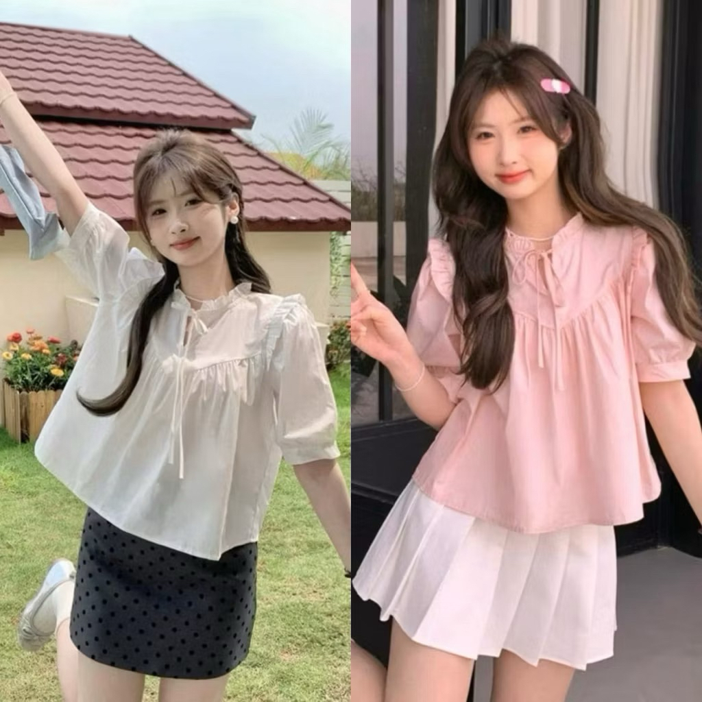 Áo babydoll tay ngắn phồng cổ bèo chạy viền xinh xắn TIMI SHOP BK76