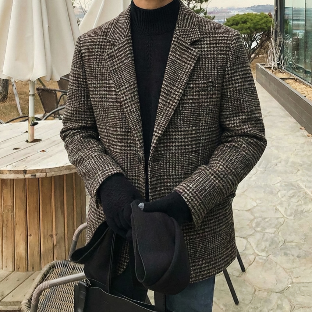 Áo Khoác Blazer Nam Kẻ Caro Phong Cách Hàn Quốc - Áo Vest Nam Form Rộng Chất Dạ Tweed Dày Dặn Cao Cấ
