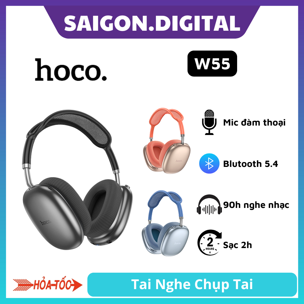 Tai nghe chụp tai bluetooth Hoco W55 - Pin trâu 90h nghe nhạc - Có mic đàm thoại - BH12 tháng