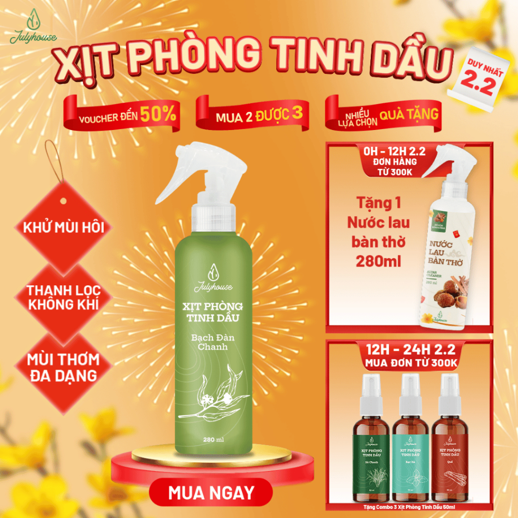 Bình xịt phòng tinh dầu Bạch Đàn Chanh 280ml JULYHOUSE khử mùi, hương thơm dịu nhẹ
