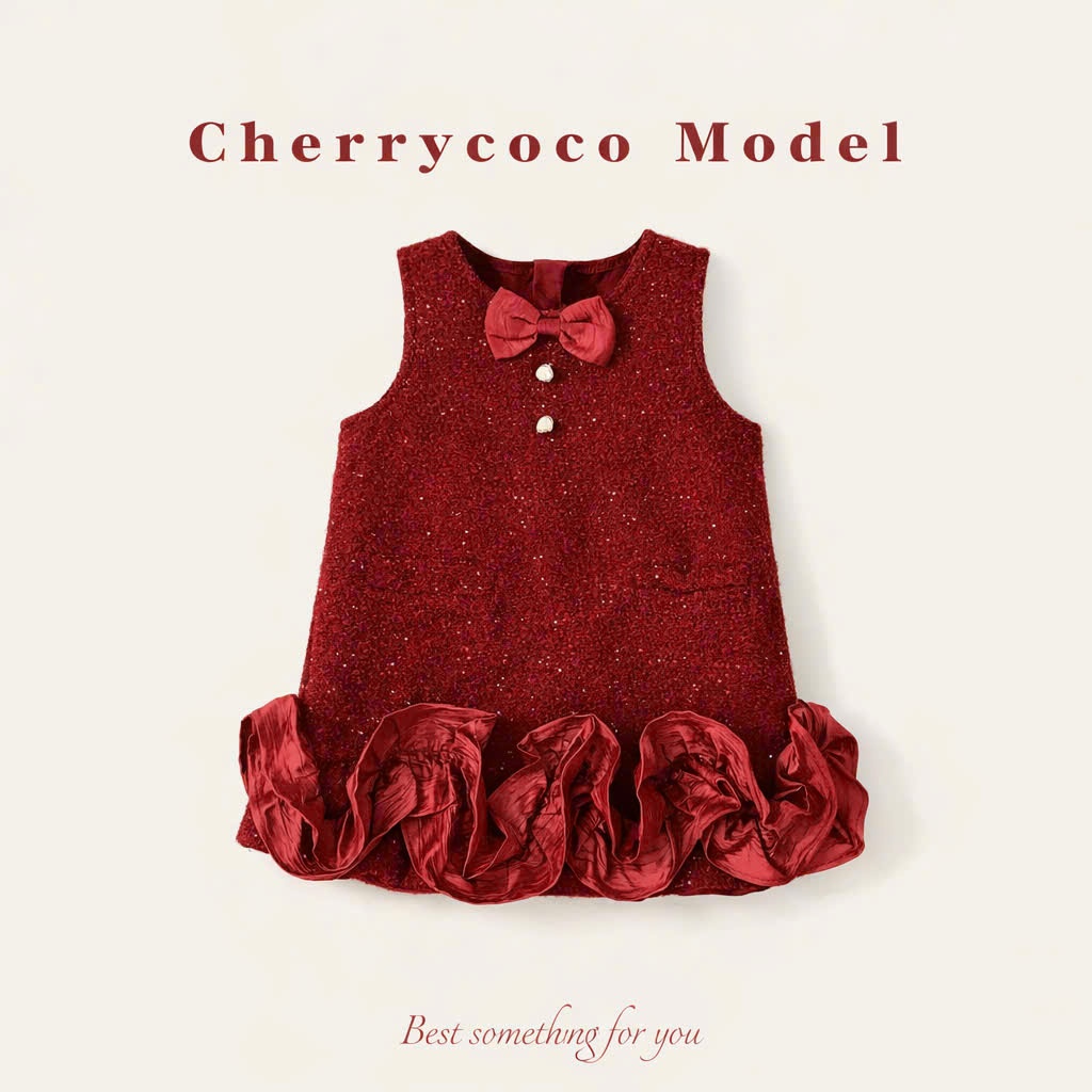 Váy dạ bé gái Cherry coco viền bèo nơ đính ngọc 26coco08