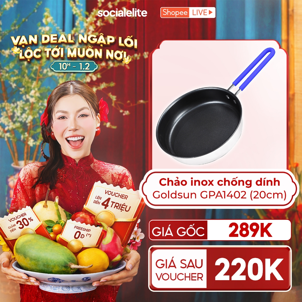 Chảo Inox Chống Dính Goldsun GPA1402, GPA1451 Đáy Từ 3 Lớp Chống Dính Sử Dụng Trên Mọi Loại Bếp