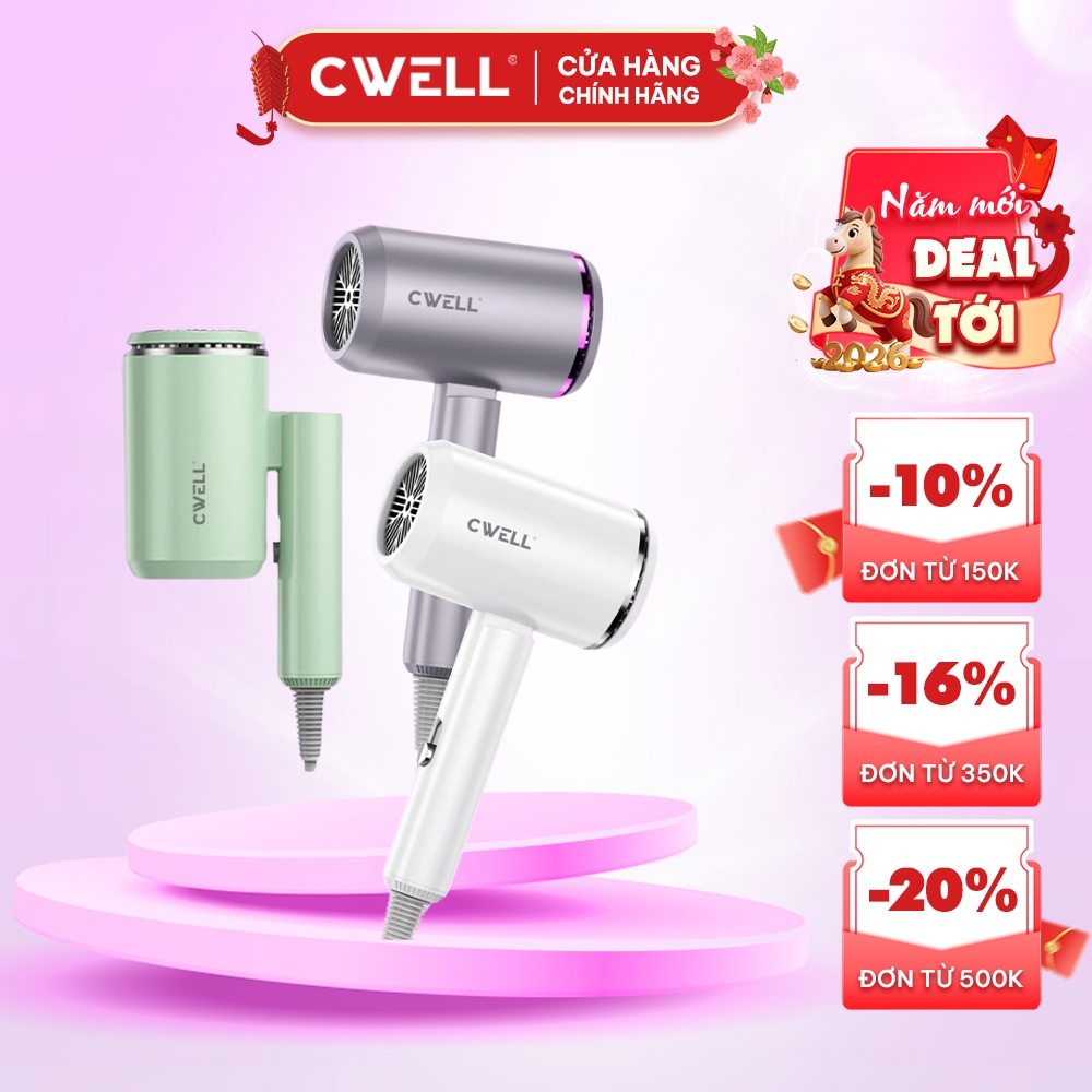 Máy sấy tóc CWell 1800W gập gọn 2 chiều nóng lạnh, 3 chế độ nhiệt, ánh sáng xanh- BẢN NÂNG CẤP C05HD