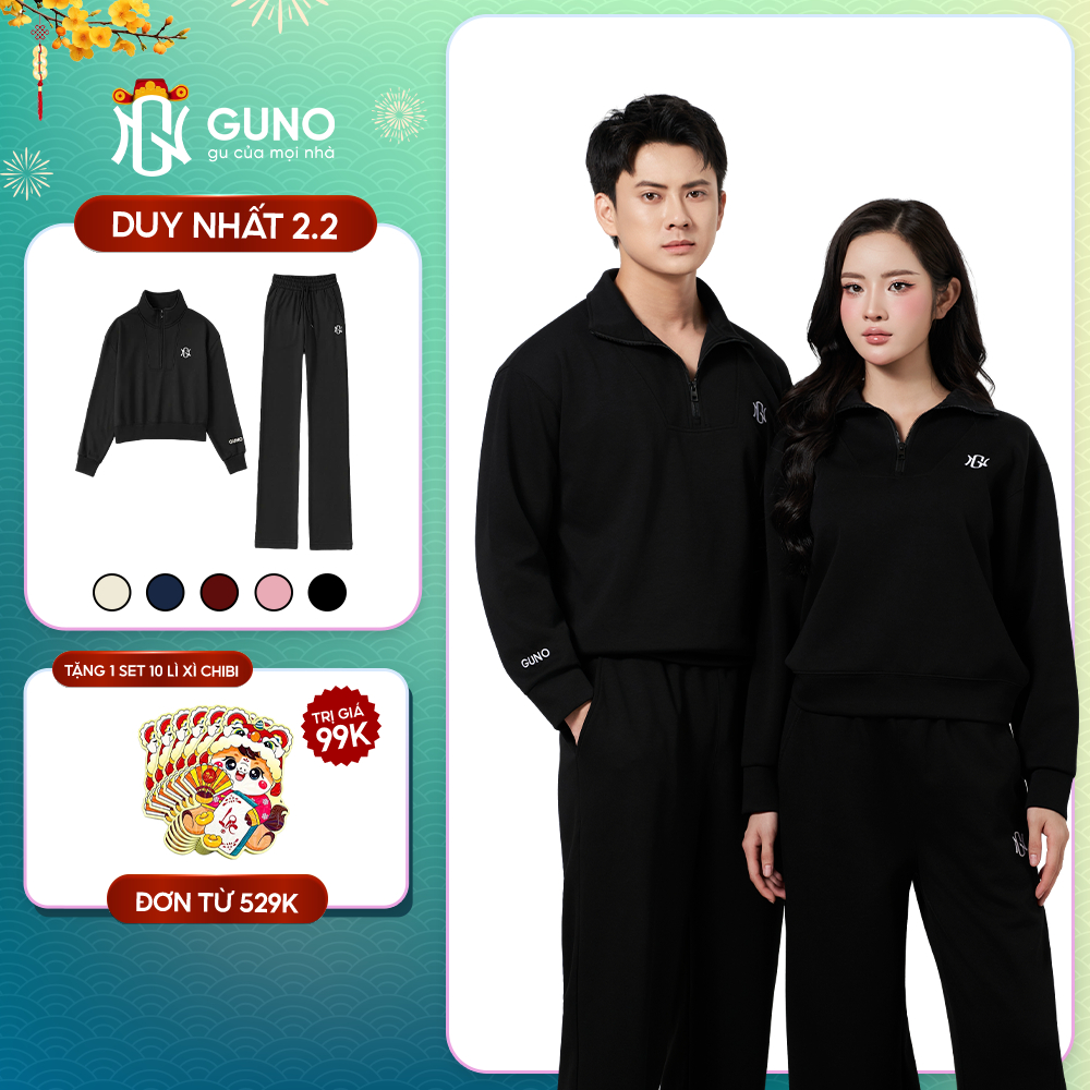 Bộ quần áo nỉ nam nữ GUNO cao cấp vải nỉ modal kéo khoá cổ kèm quần suông logo thêu 25BG194/BB216