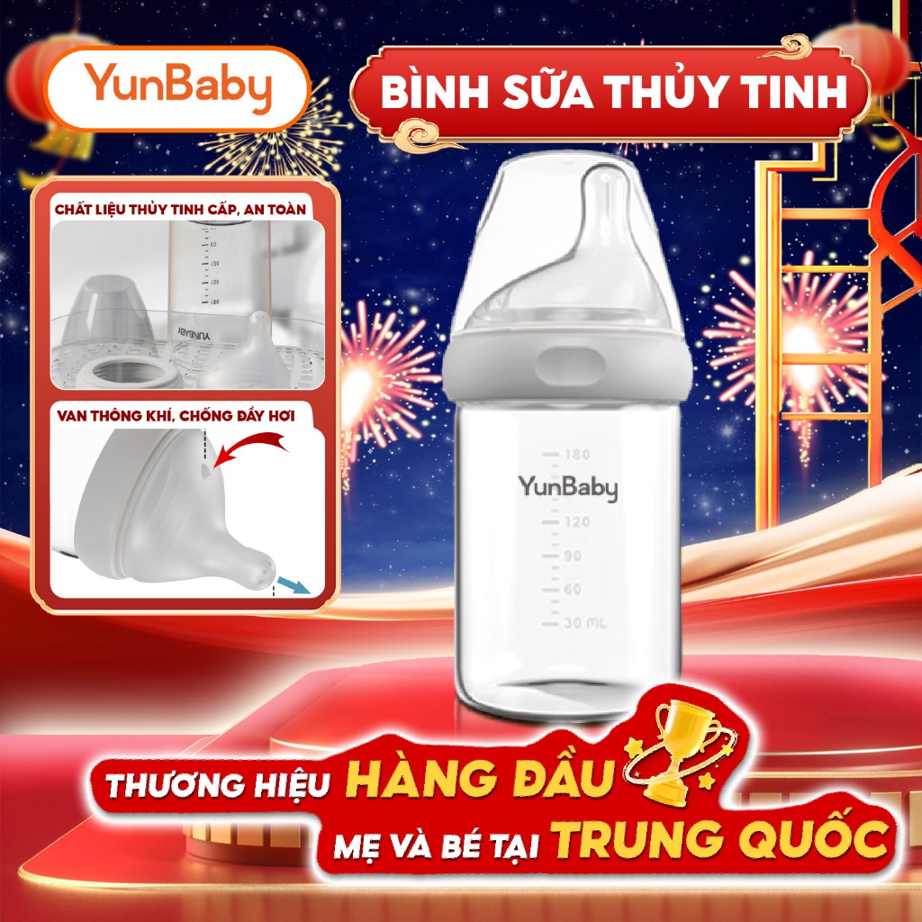 Bình sữa thủy tinh cổ rộng Yunbaby 180ml, núm ti siêu mềm mô phỏng tự nhiên, không chứ BPA an toàn c