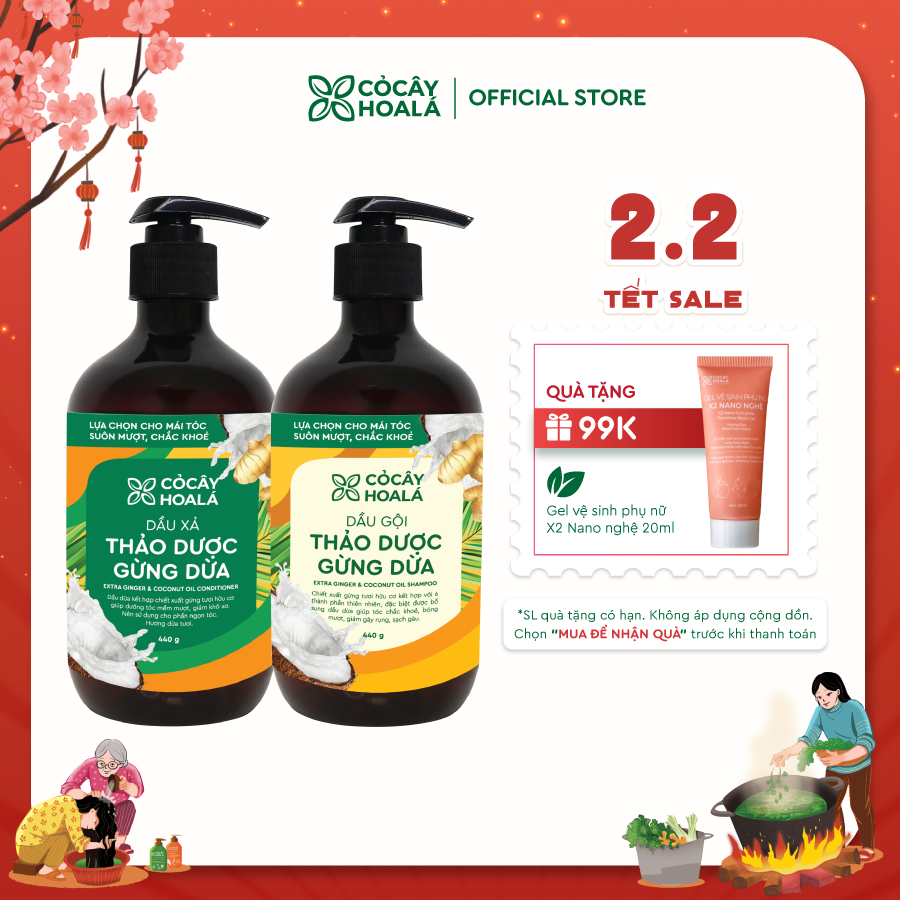 Combo Dầu Gội Xả Thảo Dược Gừng Dừa Cỏ Cây Hoa Lá 440g - Giảm Gàu Ngứa