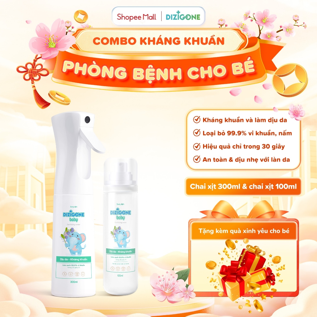 [COMBO] Xịt kháng khuẩn DIZIGONE Baby 100ml & Xịt kháng khuẩn DIZIGONE Baby 300ml: Xịt tay chân, đồ 