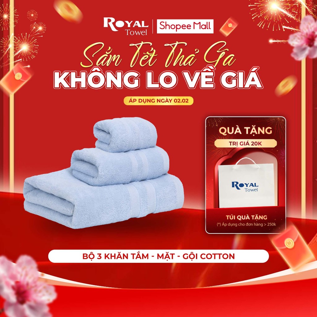 Combo 3 Khăn: Khăn Tắm, Khăn Gội, Khăn Mặt Royal Towel 100% Cotton Mềm Mại, Thấm Hút, Kháng Khuẩn