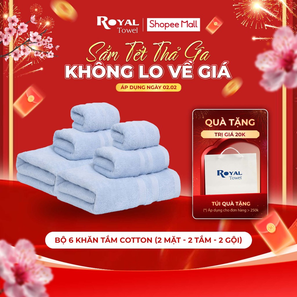 Combo 6 Khăn Tắm Gội Mặt Royal Towel Chất Cotton Cao Cấp, Siêu Mềm Mại, Thấm Hút