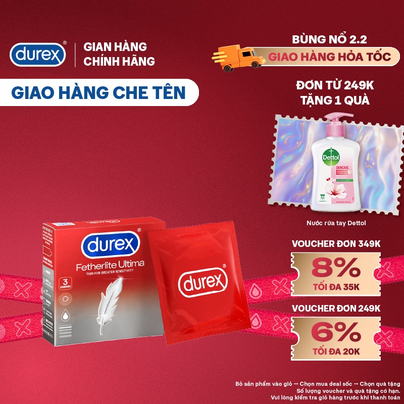 Bao cao su Durex Fetherlite Ultima siêu mỏng, size 52mm, 3 bao/hộp