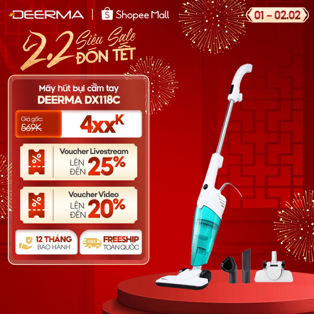 Máy hút bụi cầm tay DEERMA DX118C xanh/xám kèm 3 đầu hút công suất 600W lực hút mạnh 15Kpa - Bảo hàn
