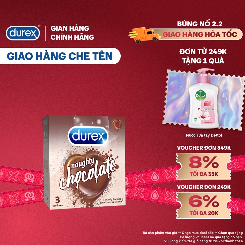 Durex Naughty Chocolate hương socola (size 53mm, hộp 3 bao)