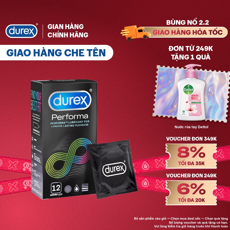 Bao cao su Durex Performa kéo dài thời gian, size 52mm, hộp 12 bao