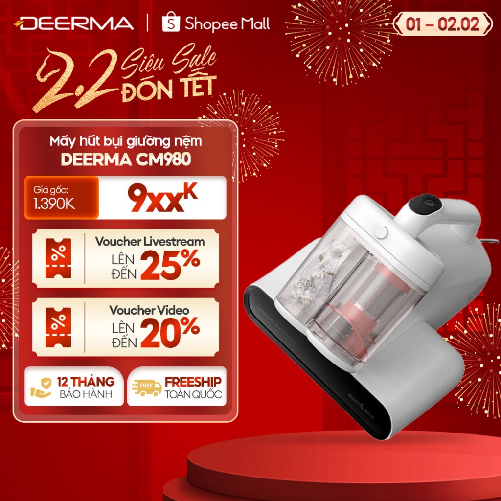 Máy hút bụi giường nệm Deerma CM980 lực hút 13000Pa sấy khô bằng khí nóng, kèm tia UV khử khuẩn - Bả