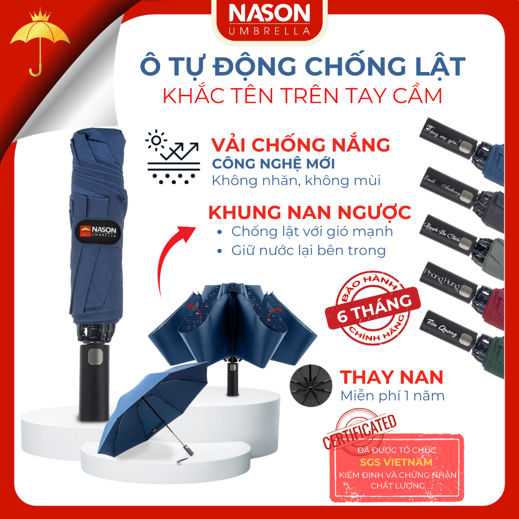 Ô dù che mưa nắng nan ngược chống lật Nason Umbrella, ngăn 99% UV, đóng mở 1200 lần, khắc tên cán ô