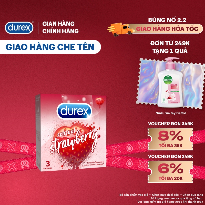 Bao cao su Durex Sensual Strawberry hương dâu (size 53mm, 3 bao/hộp)
