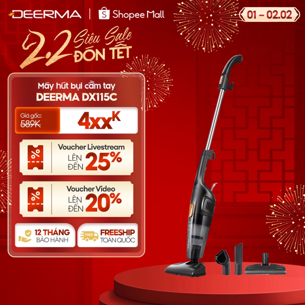 Máy hút bụi cầm tay Deerma DX115C lực hút 15000Pa công suất 600W kèm 3 đầu hút đa năng chính hãng - 