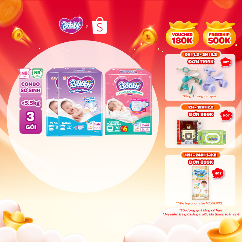 [TẶNG MIẾNG NGẪU NHIÊN] Combo sơ sinh gồm 02 gói Tã dán Bobby NB70 miếng và 01 gói Tã quần mở một bê