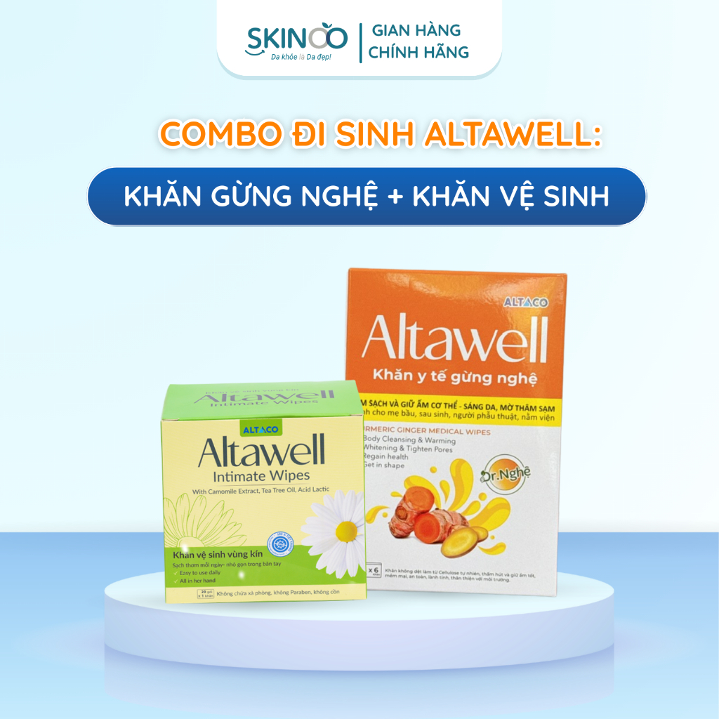 Combo Đi Sinh Altawell Khăn Y Tế Gừng Nghệ & Khăn Vệ Sinh Phụ Nữ Hỗ Trợ Làm Sạch Khử Mùi Lành Tính