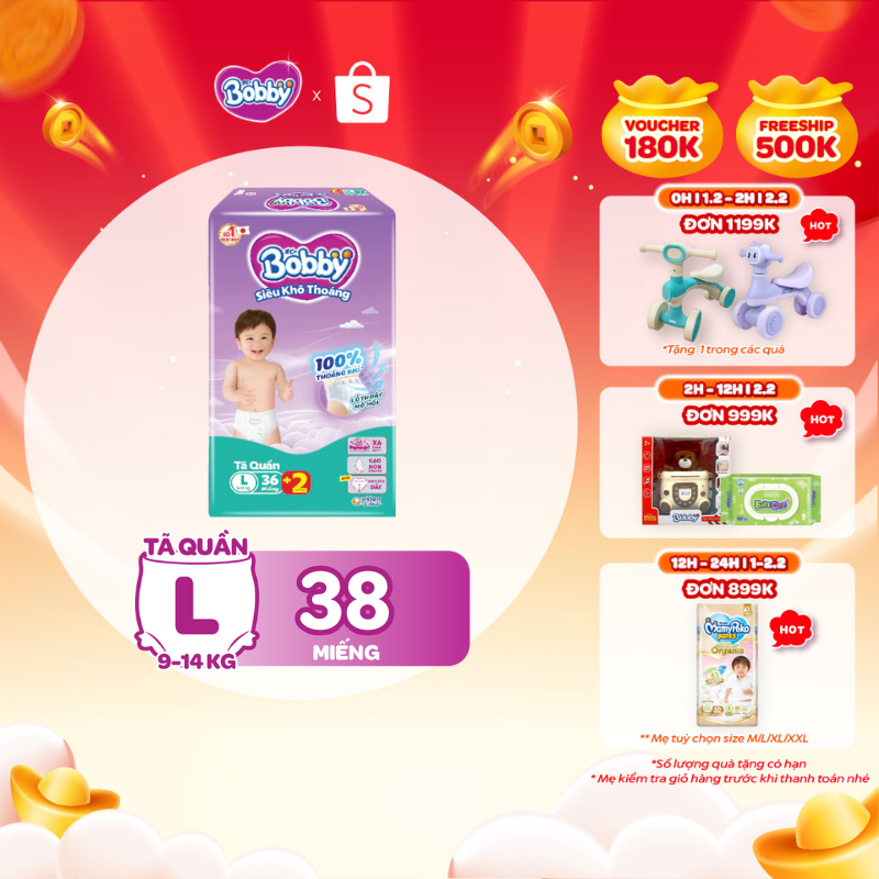 [TẶNG MIẾNG NGẪU NHIÊN] Tã quần Bobby Siêu Khô Thoáng - 100% Thoáng Khí Jumbo S46/M42/L36/XL32/XXL28