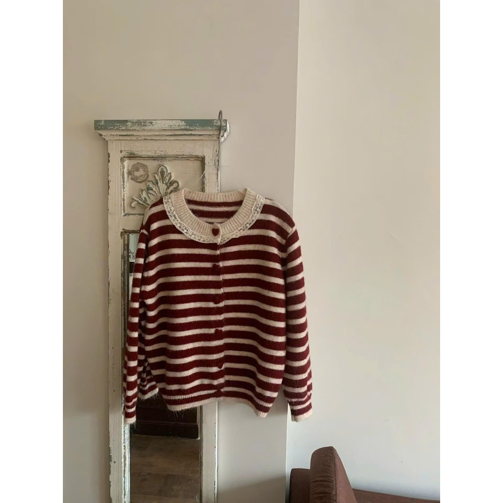Áo Len Cardigan Élan Knit Top Kẻ Sọc Cổ Ren Cúc Tim Jeace studio Vintage Dễ Thương