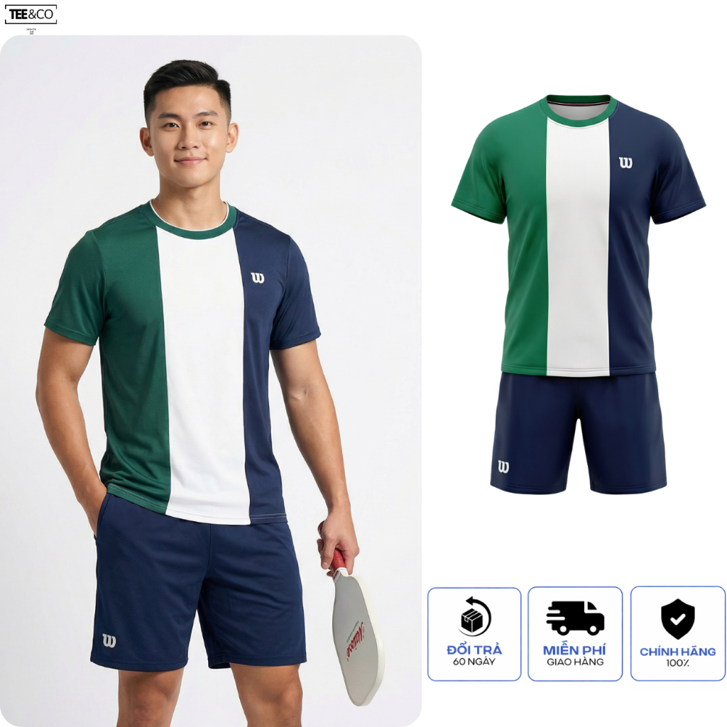 Set Pickleball Wilson Nam Premium | Áo Thun Thể Thao Color Block + Quần Short Wilson Vải Polyester S