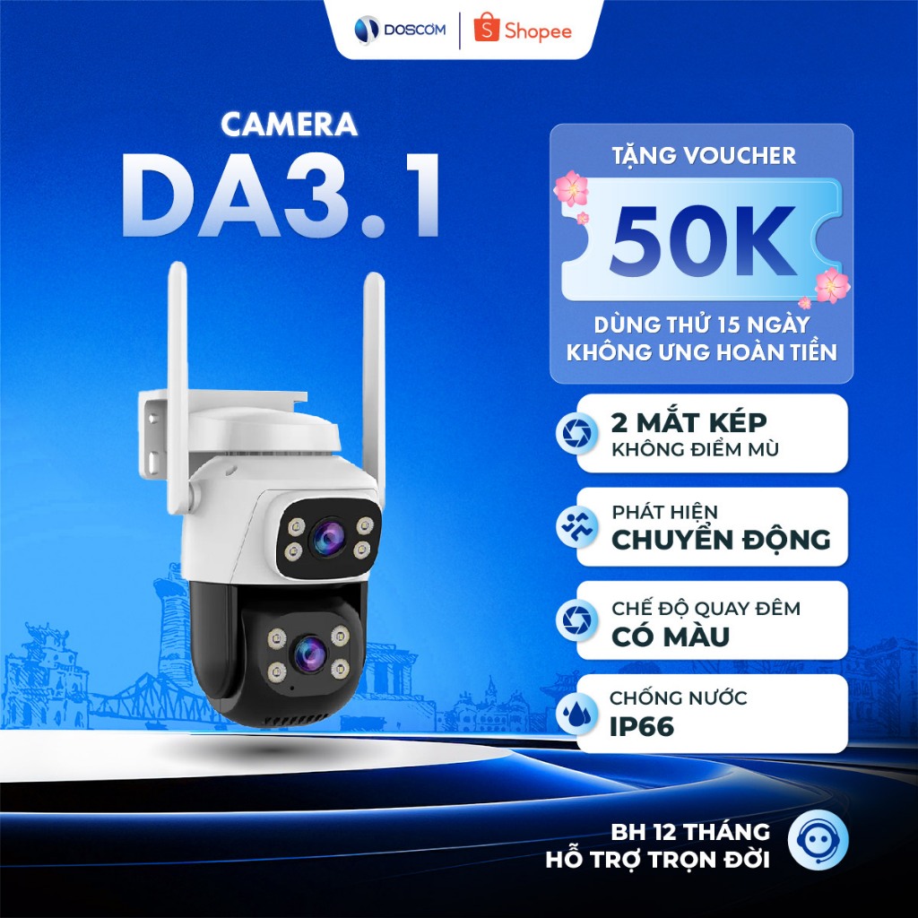 Camera Wifi ngoài trời Doscom DA3.1 tích hợp 2 mắt kép 6MP giám sát 360 độ góc rộng không điểm mù
