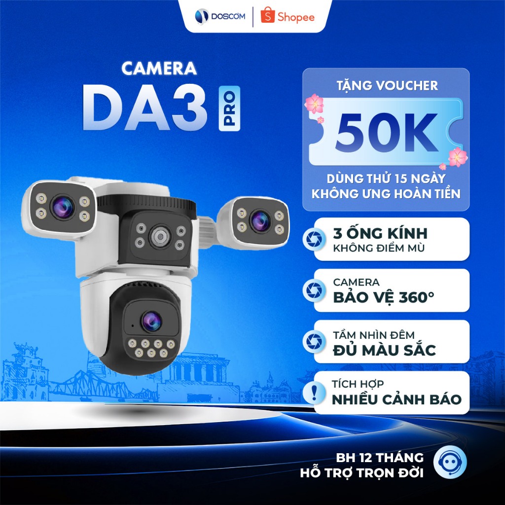 Camera Wifi Ngoài Trời 3 Mắt Doscom DA3 Pro Giám Sát An Ninh Toàn Diện, Góc Quay Rộng 360 độ, Đàm Th