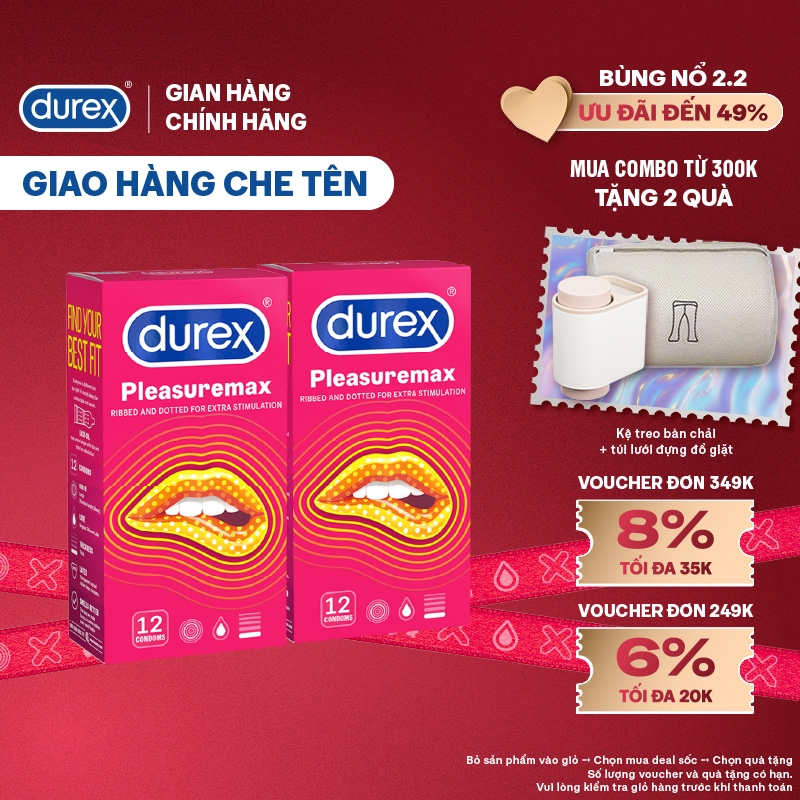 Bộ 2 hộp Durex Pleasuremax gân gai tăng khoái cảm (size 56mm, 12 bao/hộp)