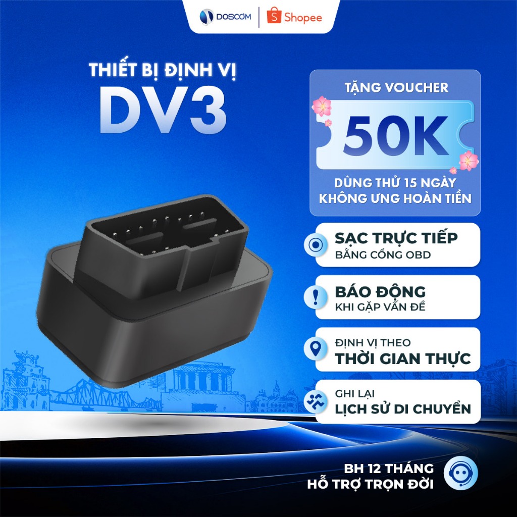 Đinh vị OBD ô tô DOSCOM DV3 - Định vị GPS cắm trực tiếp ổ OBD không cần sạc, giám sát thông minh, bả