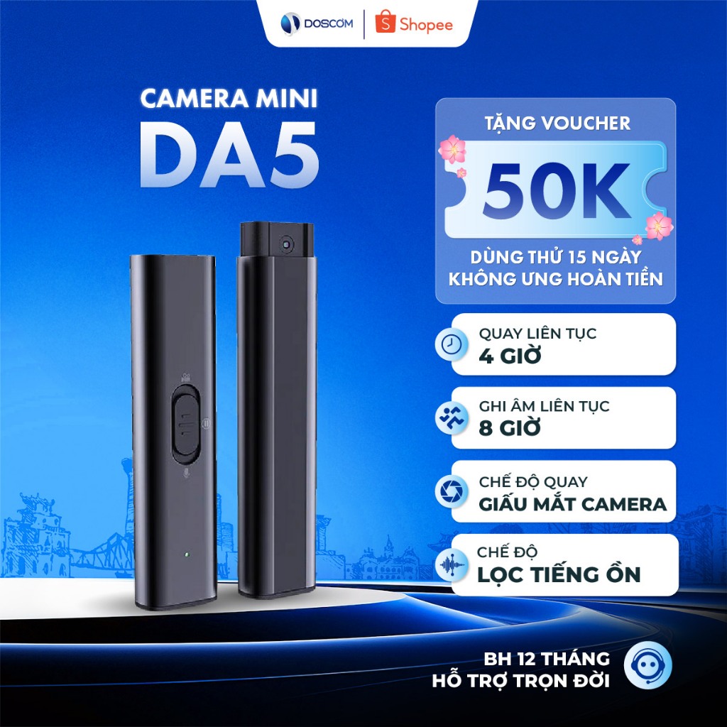 Camera Mini Doscom DA-5 Full HD 1080 Góc Siêu Rộng - Ghi Âm và Ghi Hình Trong 1 Chạm - Hỗ Trợ Tầm Nh