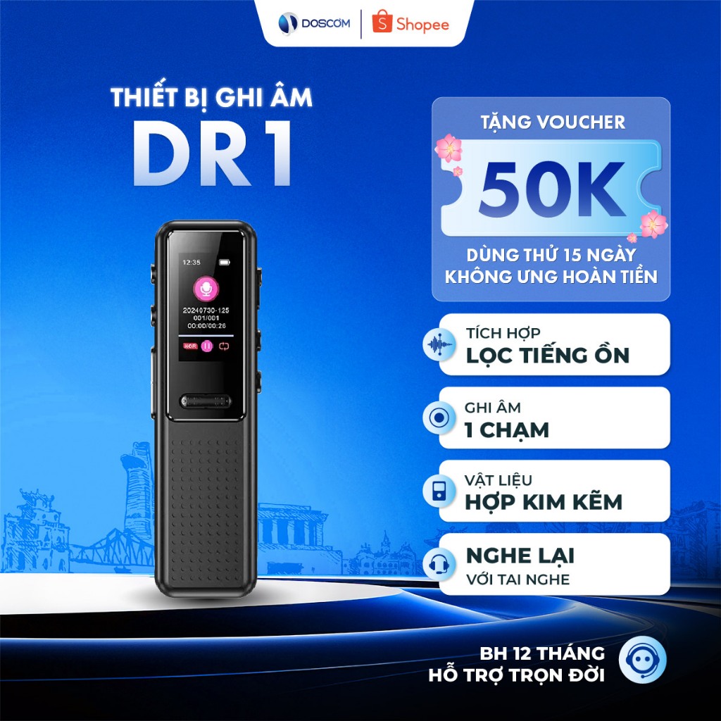 Thiết bị ghi âm mini DR1 Doscom - Kích thước nhỏ gọn, ghi âm 1 chạm, lọc tiếng ồn thông minh tự động