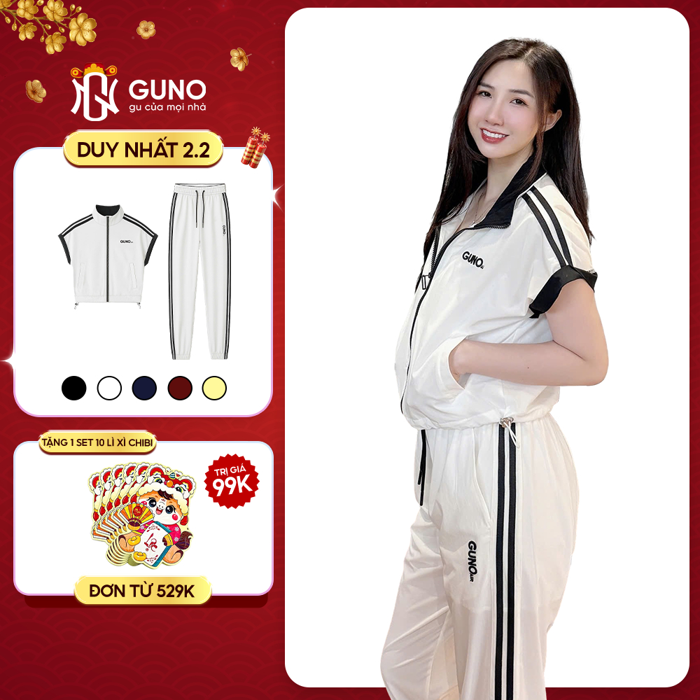 Bộ Quần Áo Gió Nữ GUNO Ngắn Tay Cao Cấp Kéo Khóa Tay Hến Phối Sọc Bộ Gió Thể Thao Cho Nữ SP5 25BG116