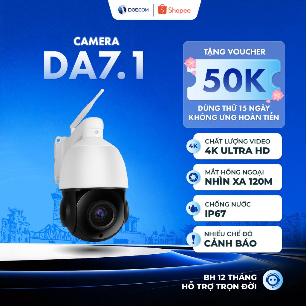Camera Wifi Ngoài Trời Doscom DA7.1 - Ống Kính Lõi Kép Zoom Quang Học X18, Giám Sát An Ninh 360°