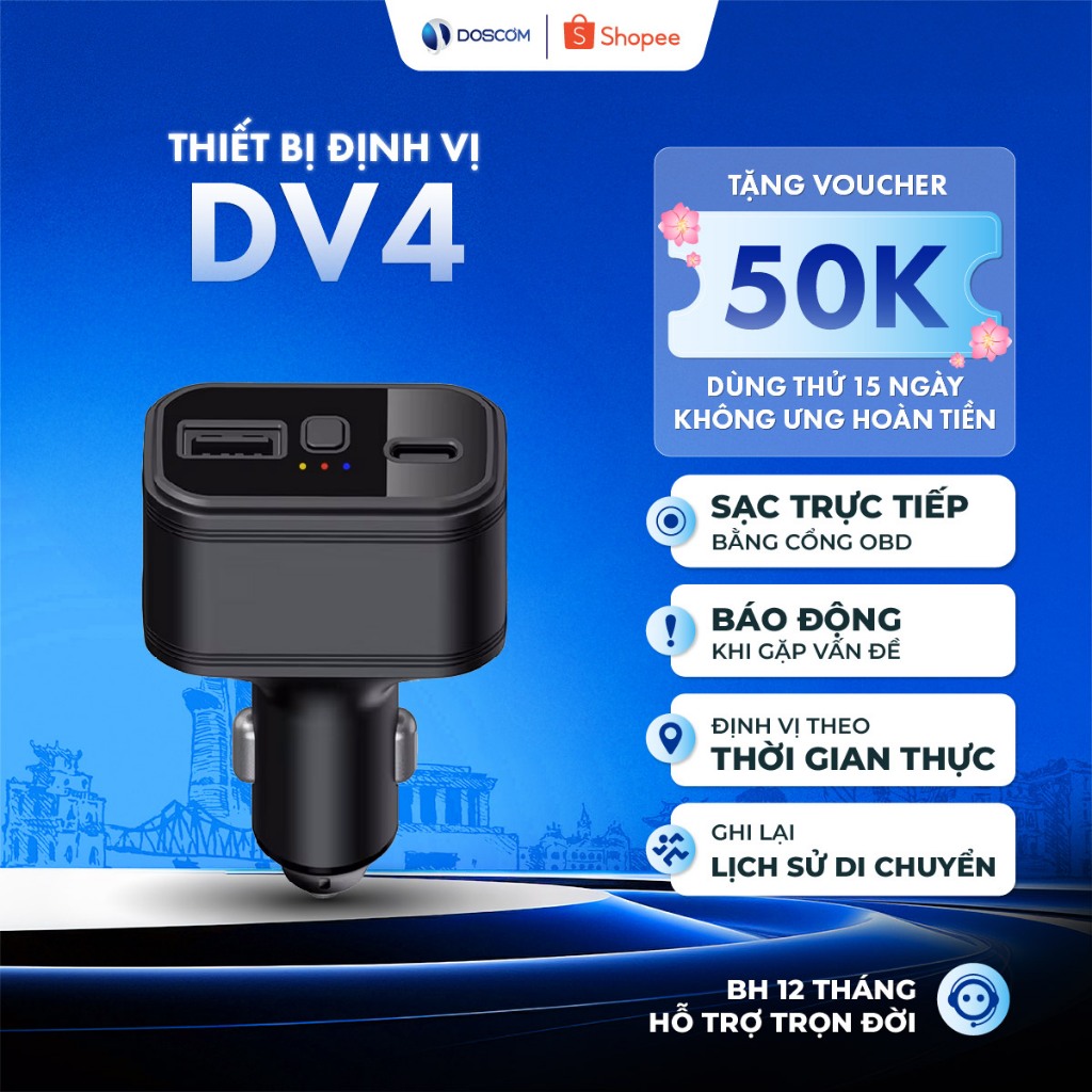 Thiết Bị Định Vị Cho Ô Tô Dạng Tẩu Thuốc Lá Doscom DV4, Tích Hợp Định Vị GPS Toàn Cầu, Bảo Hành 12 T