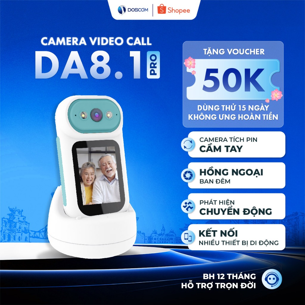 Camera Mini Full HD 2K Doscom DA8.1 Pro – Wifi Gọi Video 2 Chiều, Màn Hình Rời 2.8", Giám Sát 360 độ