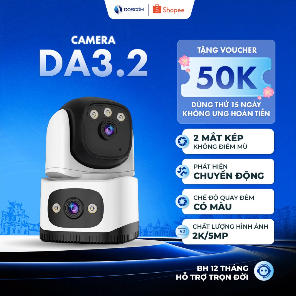 Camera Wifi 2 Mắt Trong Nhà Doscom DA3.2 - Camera Kép Siêu Nét 6MP Giám Sát 360 Độ