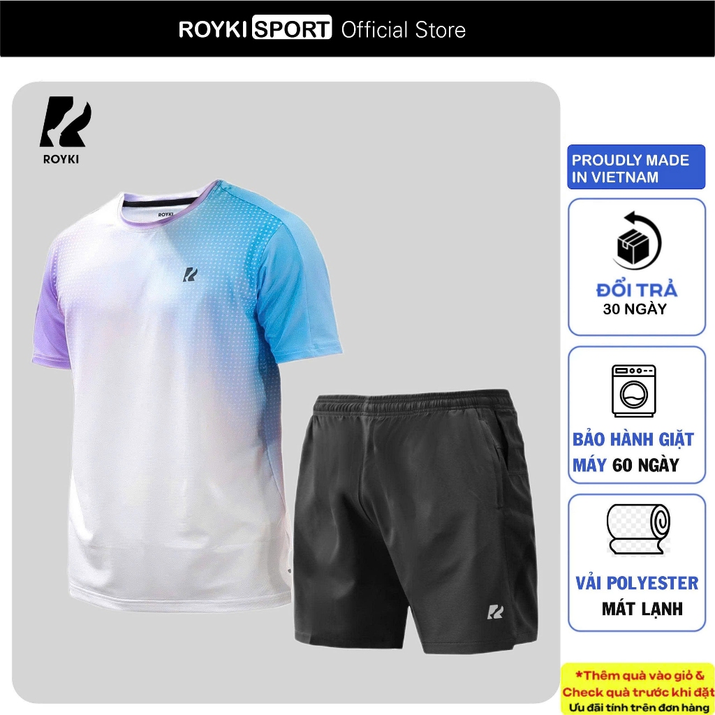 Set thể thao nam Royki  kèm áo thun Training Comfort  thoáng khí quần short elastic tập gym Pickleba