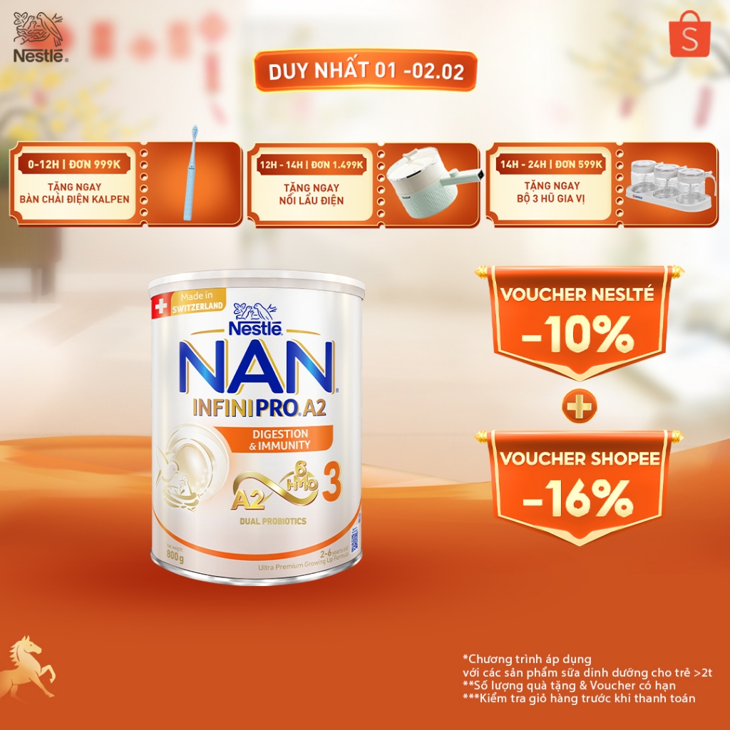 [LÔ MỚI] Sữa bột Nestlé NAN INFINIPRO A2 Bước 3 800g Nhập Khẩu Thụy Sĩ Cho Bé 2 - 6 Tuổi Có Đạm A2, 