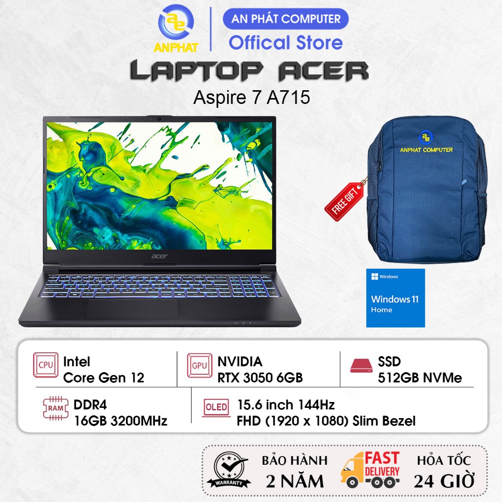 Laptop Acer Aspire 7 A715-59G-73LB NH.QX6SV.002, Core i7-12650H, RTX 3050 6GB, 15.6 FHD 144Hz, Win11