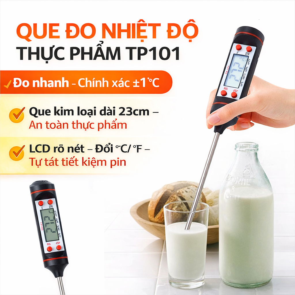 Que Đo Nhiệt Độ Thực Phẩm TP101/TP300 – Nhiệt Kế Điện Tử Đo Nhiệt Độ Nước, Sữa, Thức Ăn, Đồ Uống
