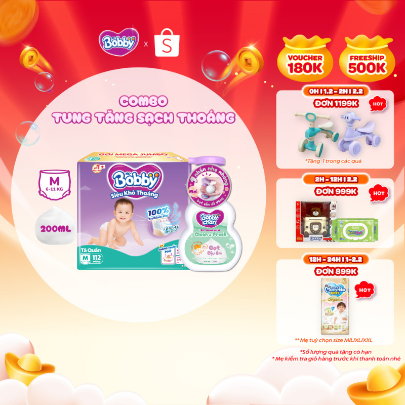 Combo sạch thoáng: Tã quần Bobby Mega Jumbo size M112+4/L96+4/XL84+4/XXL76+4 & Bọt tắm gội em bé Cle